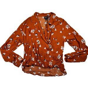 Free Press Rust High Low Notch Collar Surplice Wrap Long Sleeve Floral Top Small